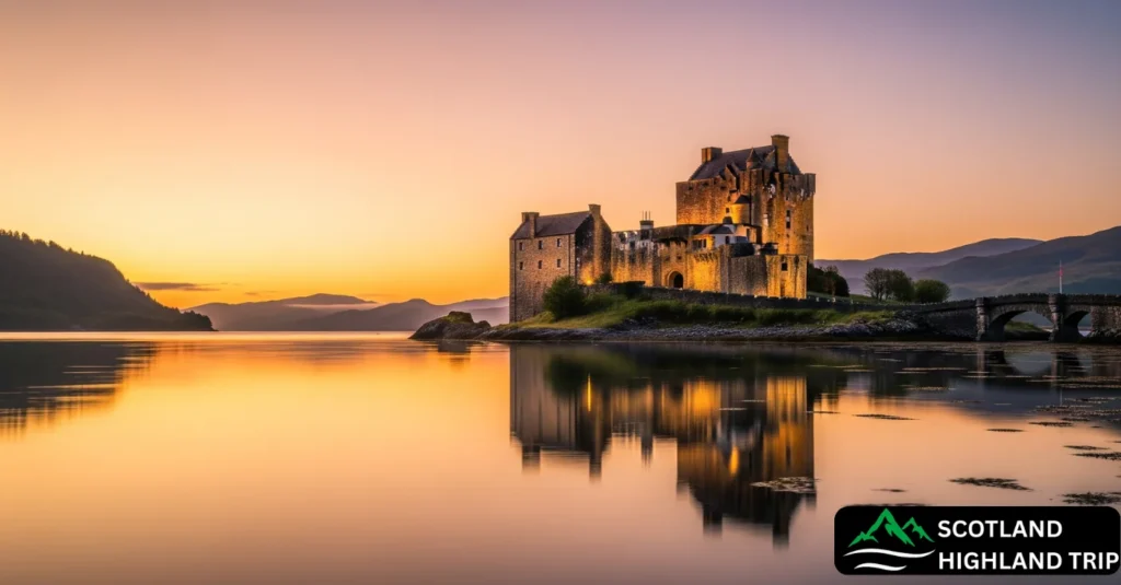 Isle of Skye Day Trip from Inverness - Eilean Donan Castle reflected in still waters during golden hour.