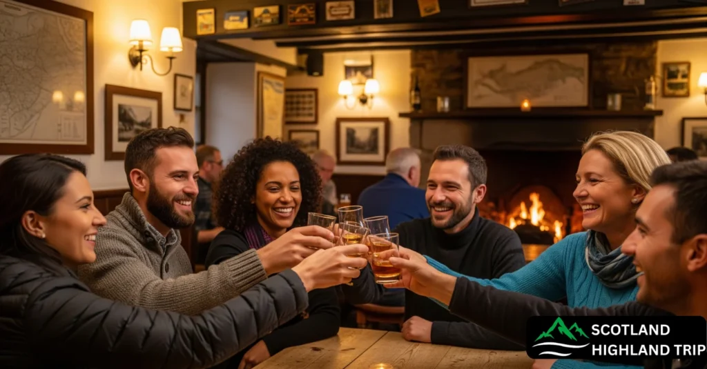 Happy travellers raising a whisky dram in a Highland pub during a Skye tour
