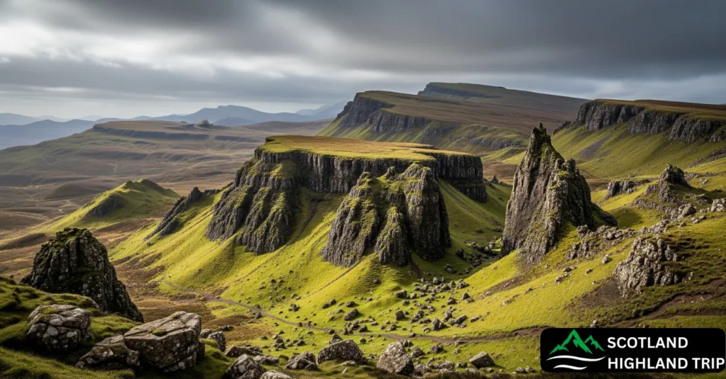Wide-angle shot of Quiraing landslip featuring The Table plateau and dramatic pinnacles