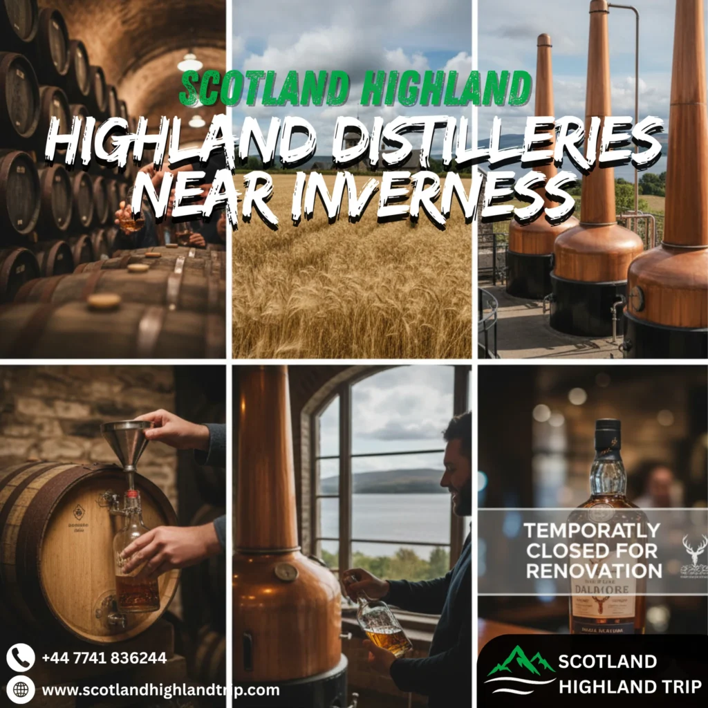 Whisky barrels and copper stills at distilleries near Inverness