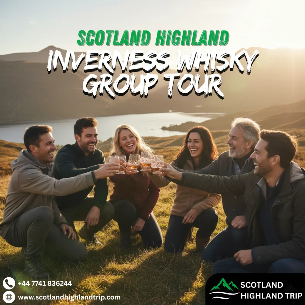 Group enjoying whisky tasting outdoors on a Highland whisky tour from Inverness