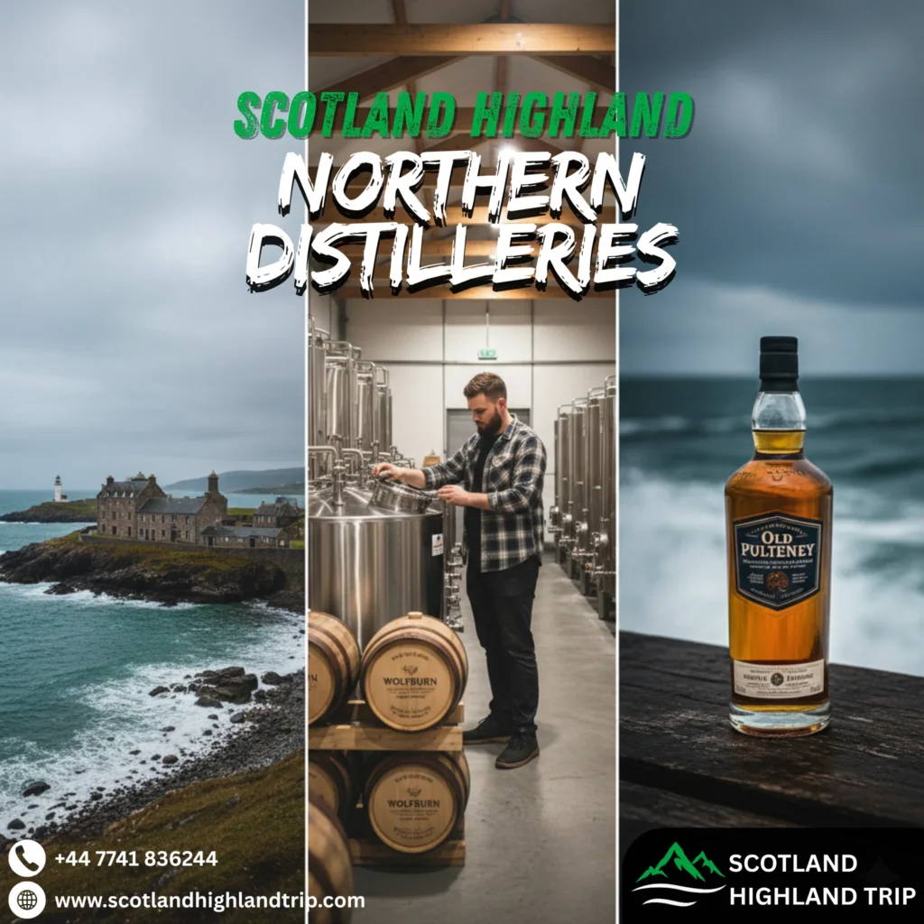 Coastal distillery and whisky glass showcasing Northern Highland whisky