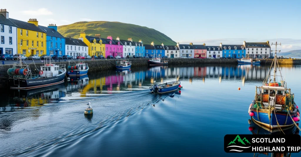 Colourful harbourfront buildings in Portree with reflections in calm water and fishing boats in the bay