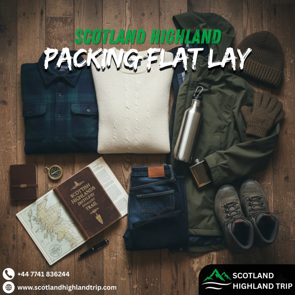 Flat lay of travel essentials for a whisky and Highland tour in Scotland