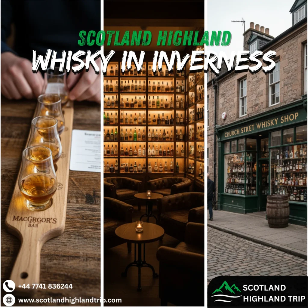 Whisky shelves and tasting room in Inverness showcasing Highland single malts