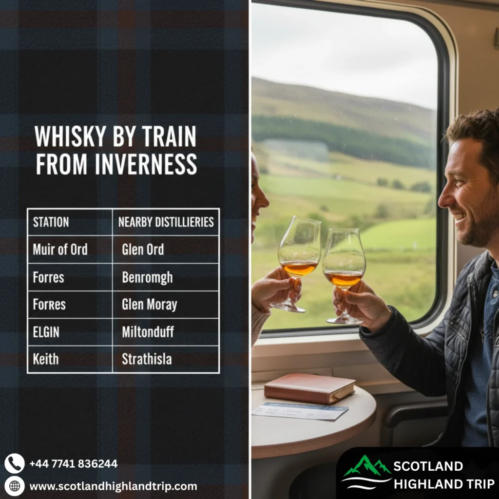 Couple enjoying whisky tasting while travelling by train near Inverness