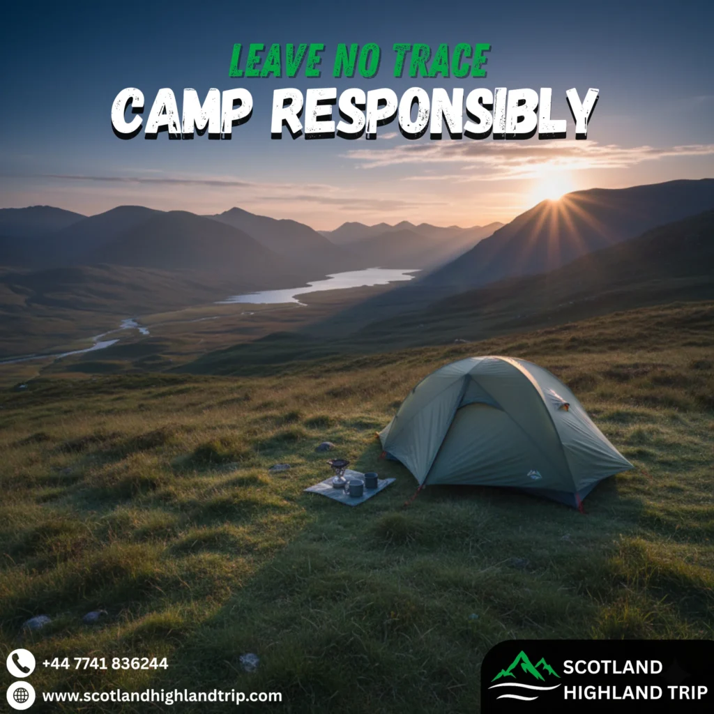 Solo tent pitched beside a misty loch in the Scottish Highlands, showcasing responsible camping and wild camping tips for travelers.