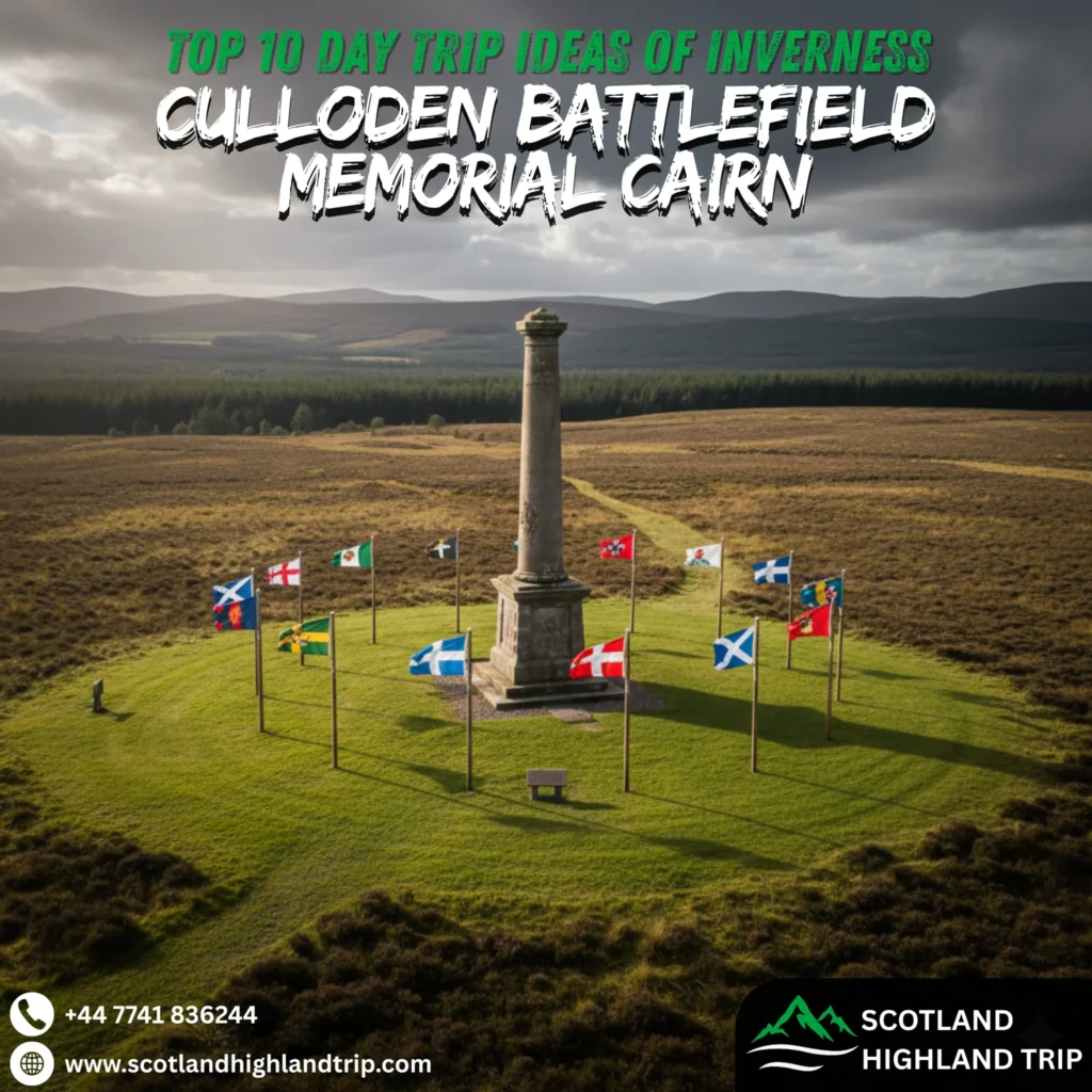 Day Trips Ideas from Inverness to the Scottish Highlands 3 Stone memorial cairn with Scottish flags at Culloden Battlefield