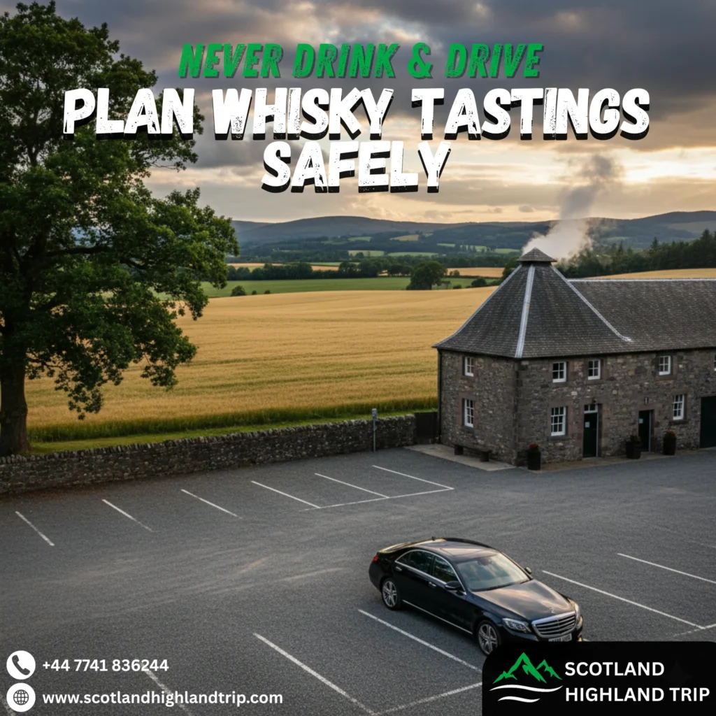 Whisky distillery in the Highlands with parking area and visitor center, promoting safe whisky tasting and “don’t drink and drive” awareness.
