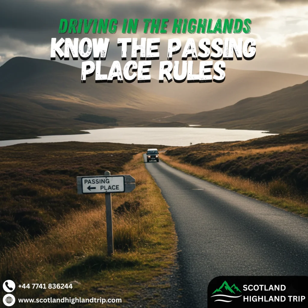 Scenic Highland road winding through heather-covered hills, explaining the importance of knowing single-track passing-place rules in Scotland.