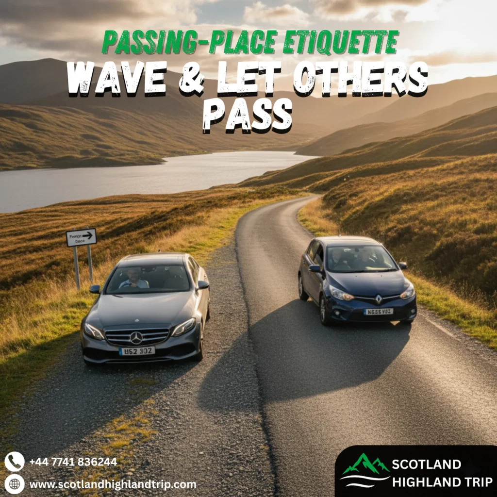Two cars passing on a narrow single-track Highland road with passing places, illustrating Scottish driving etiquette and rules.