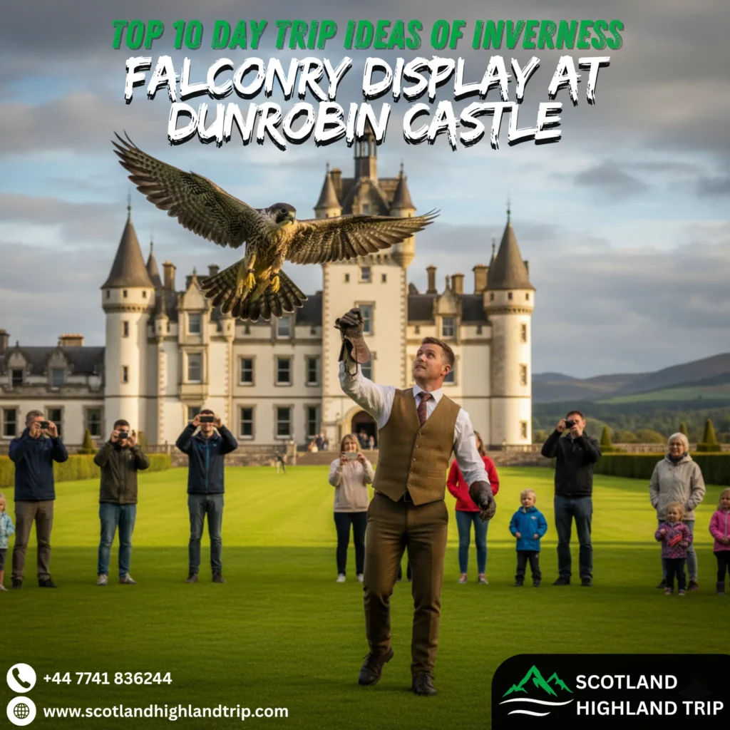 Day Trips Ideas from Inverness to the Scottish Highlands 6 Falconry show in front of Dunrobin Castle in Scotland.