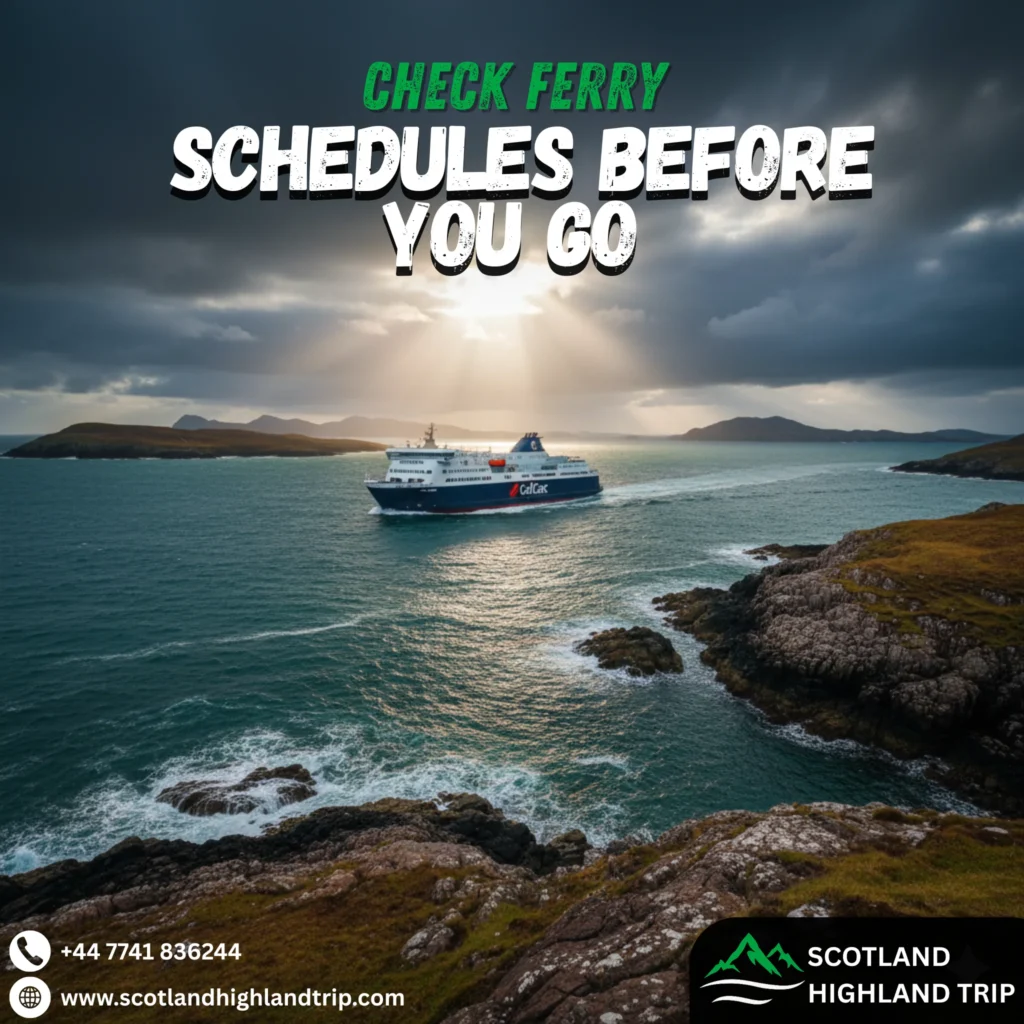 CalMac ferry sailing between Scottish islands under a cloudy Highland sky, representing ferry schedules and transport planning in the Highlands.