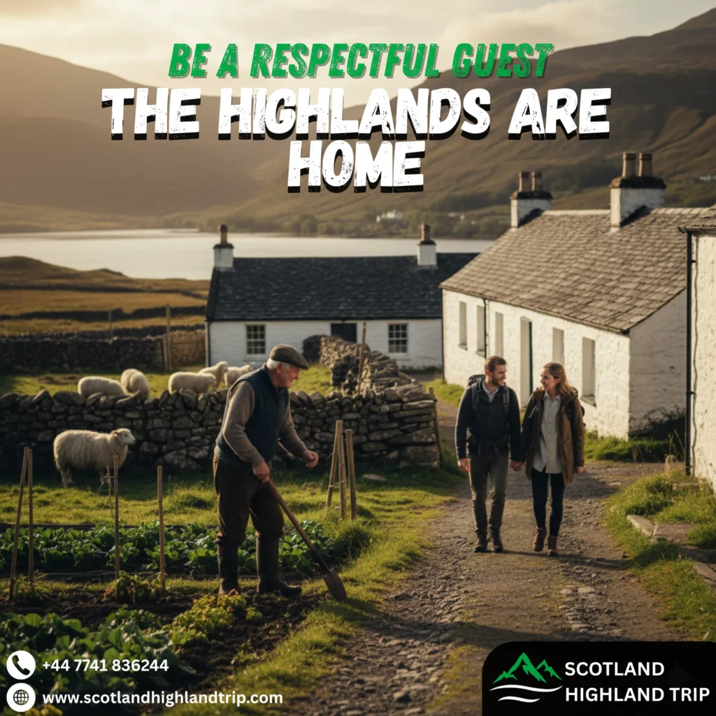 Peaceful Highland croft village with stone houses and locals walking through fields, reflecting traditional Highland community life.