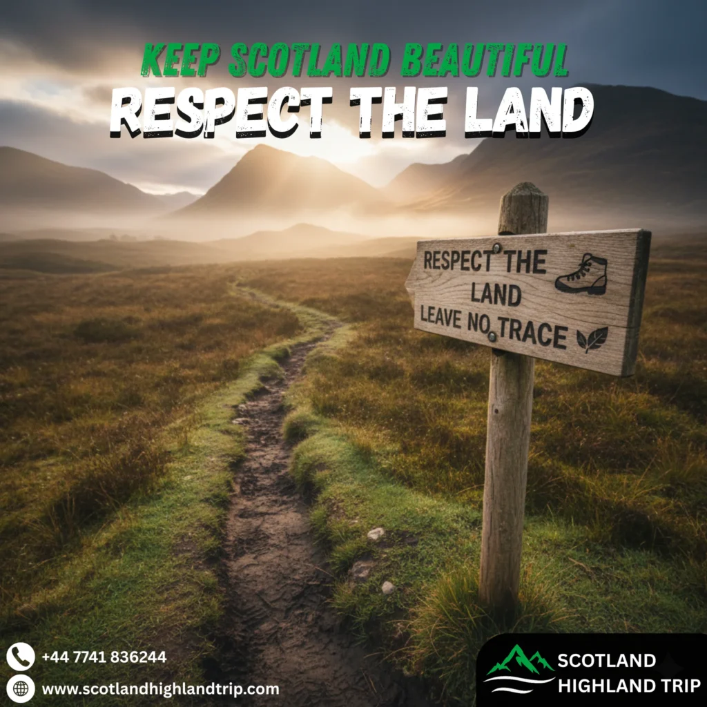 Trail sign in the Scottish Highlands reading “Respect the Land,” promoting responsible and sustainable travel across Scotland’s national parks and glens.