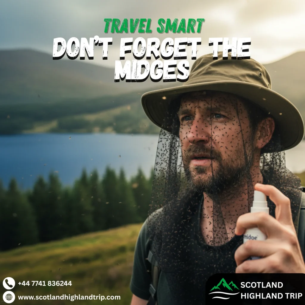 Traveler wearing a midge net hat in a Highland forest, highlighting how to avoid midges and insects during summer travel in Scotland.