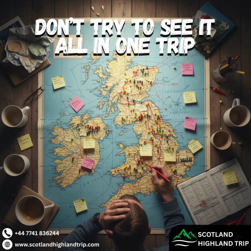 Traveler planning a Scotland Highland road trip with a map and travel pins, showing how to build a realistic itinerary for Inverness and Skye.