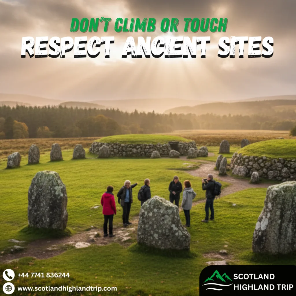 Visitors admiring prehistoric standing stones and cairns in the Scottish Highlands, emphasizing respect and protection for ancient sites like Clava Cairns.