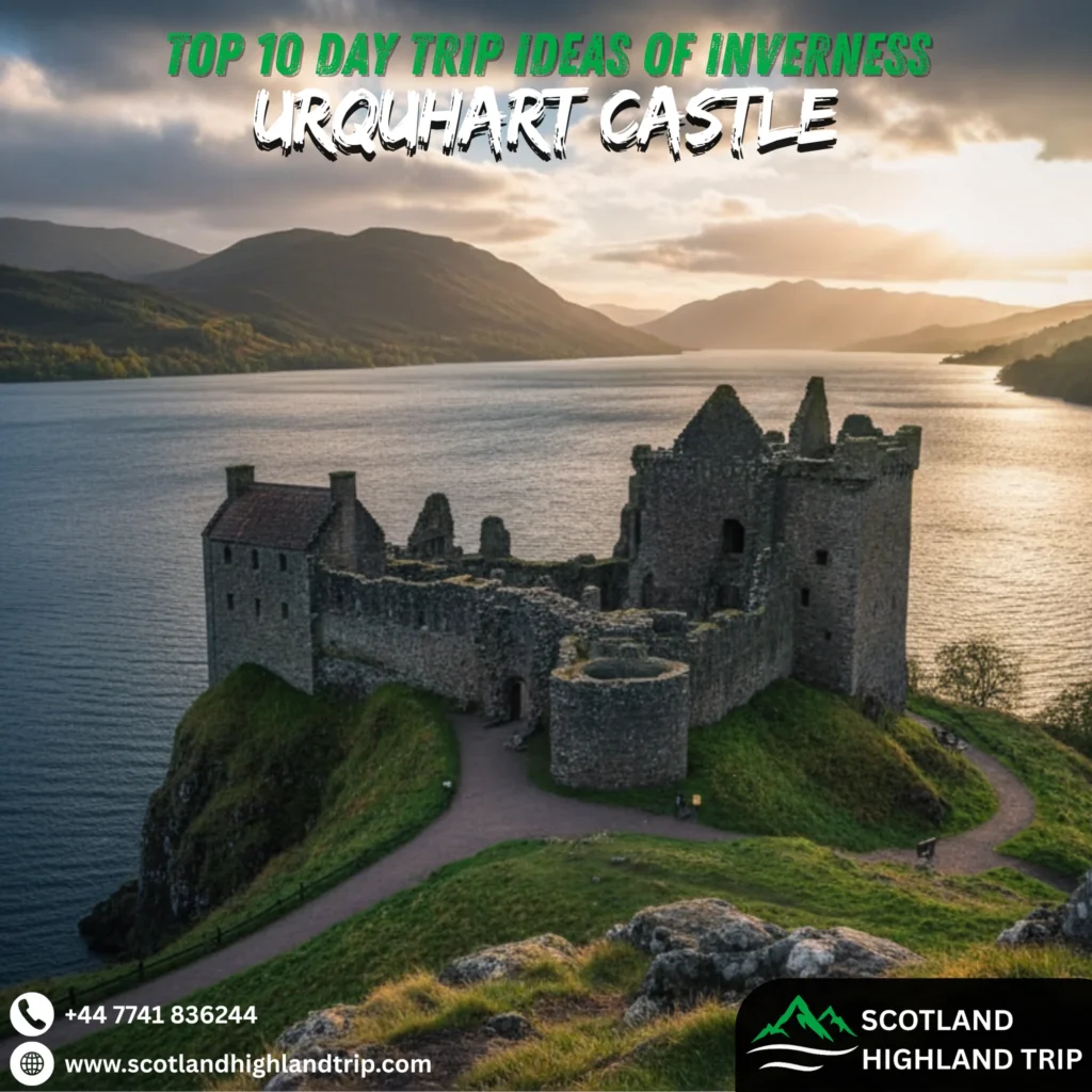 Day Trips Ideas from Inverness to the Scottish Highlands 2 Ruins of Urquhart Castle with Loch Ness in the background.