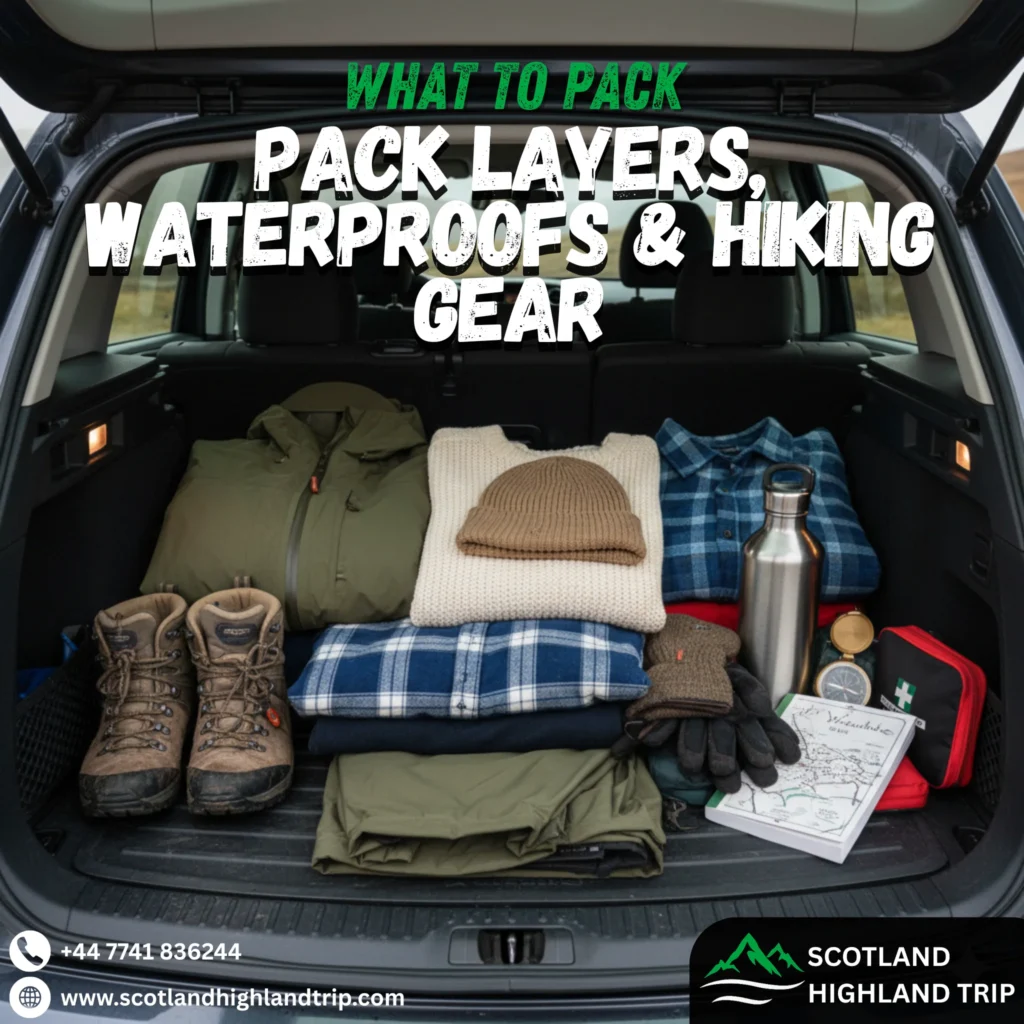 Flat lay of hiking boots, waterproof jacket, gloves, and travel essentials for unpredictable Scottish Highland weather.