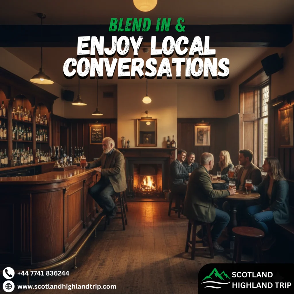 Cozy whisky bar in the Scottish Highlands with wooden interiors and a wide range of single malt whiskies for tasting.