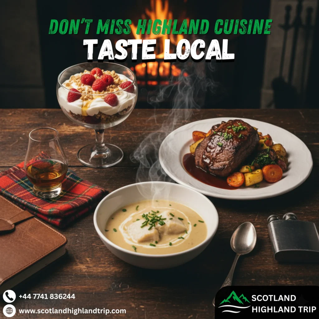 Traditional Highland restaurant table with Scottish dishes like Cullen Skink and cranachan, highlighting authentic local food and cafés in the Scottish Highlands.
