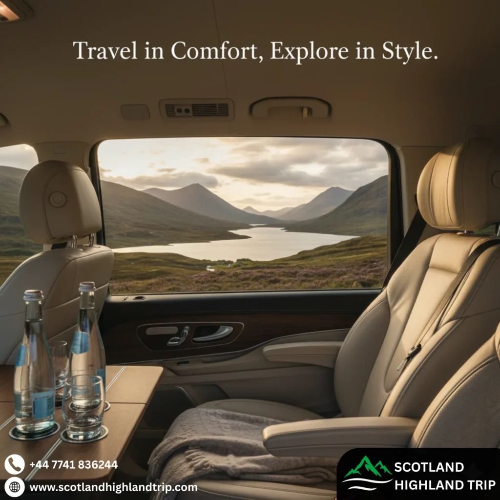 Comfortable leather interior of chauffeur-driven car in Scottish Highlands with bottled water and panoramic view.