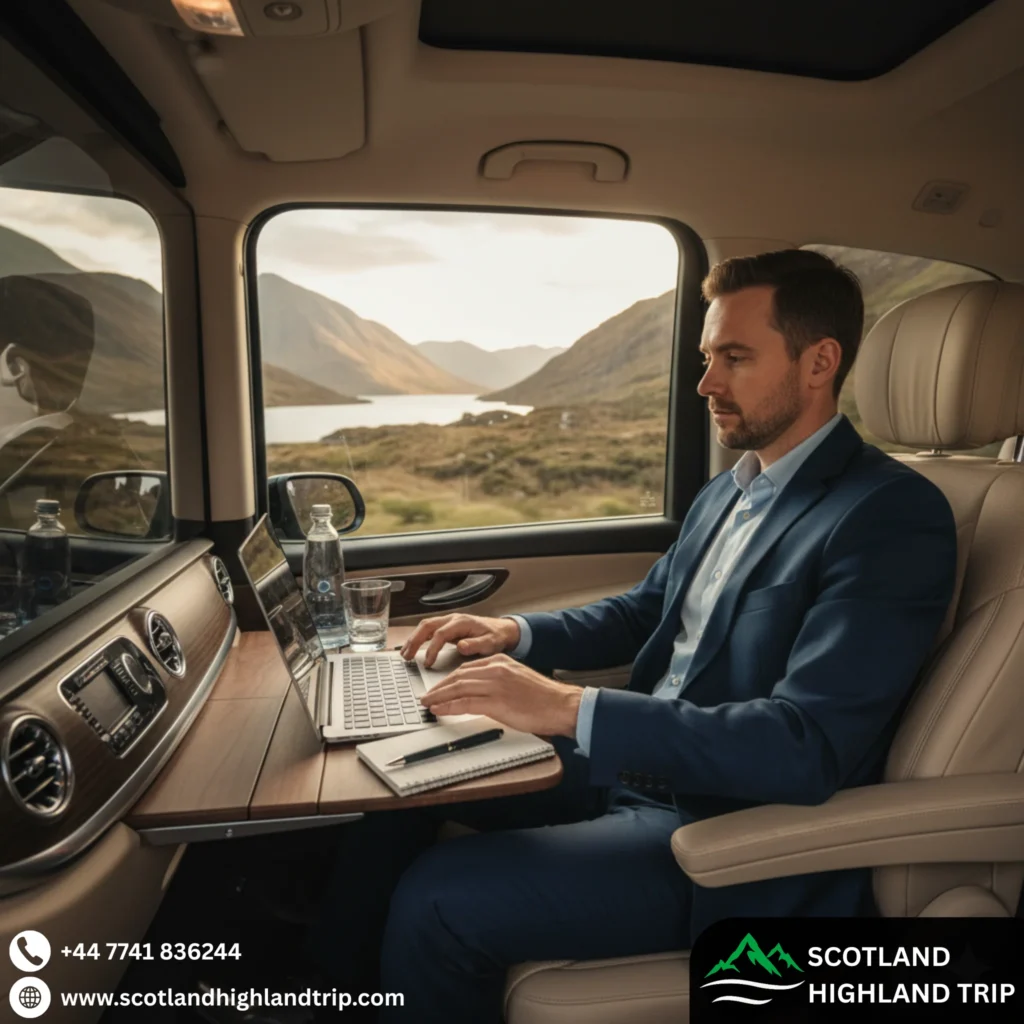 Private chauffeur driving client through the Scottish Highlands in luxury Mercedes interior with scenic window view.