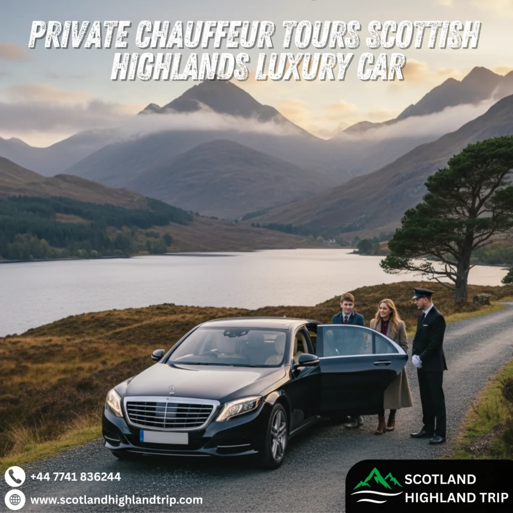 Luxury black car on winding Highland road near loch and mountains, ideal for private chauffeur tours in Scotland.