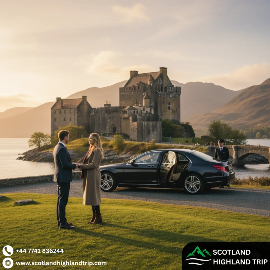 Private driver greeting travellers with scenic Scottish castle and mountains in background.