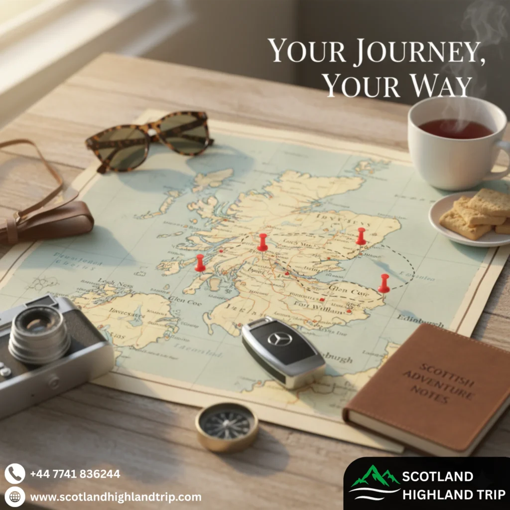 Travel itinerary flat lay with Scotland map, car keys, camera and passport for private chauffeur Highland tour.