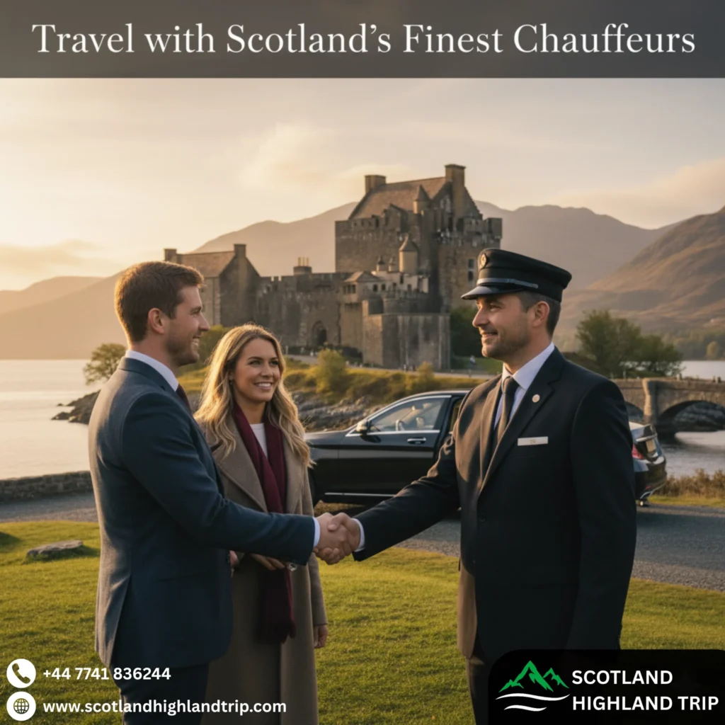 Professional chauffeur welcoming couple beside luxury car at Eilean Donan Castle in the Scottish Highlands.