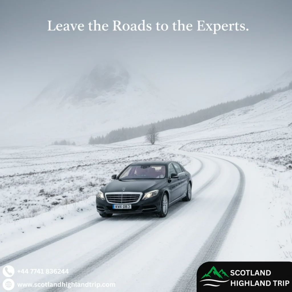 Luxury car driving safely on snowy Highland road with professional chauffeur handling winter conditions.
