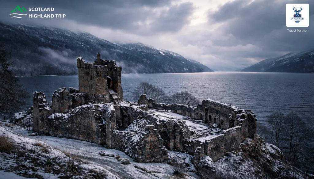 Urquhart Castle in winter and snow
