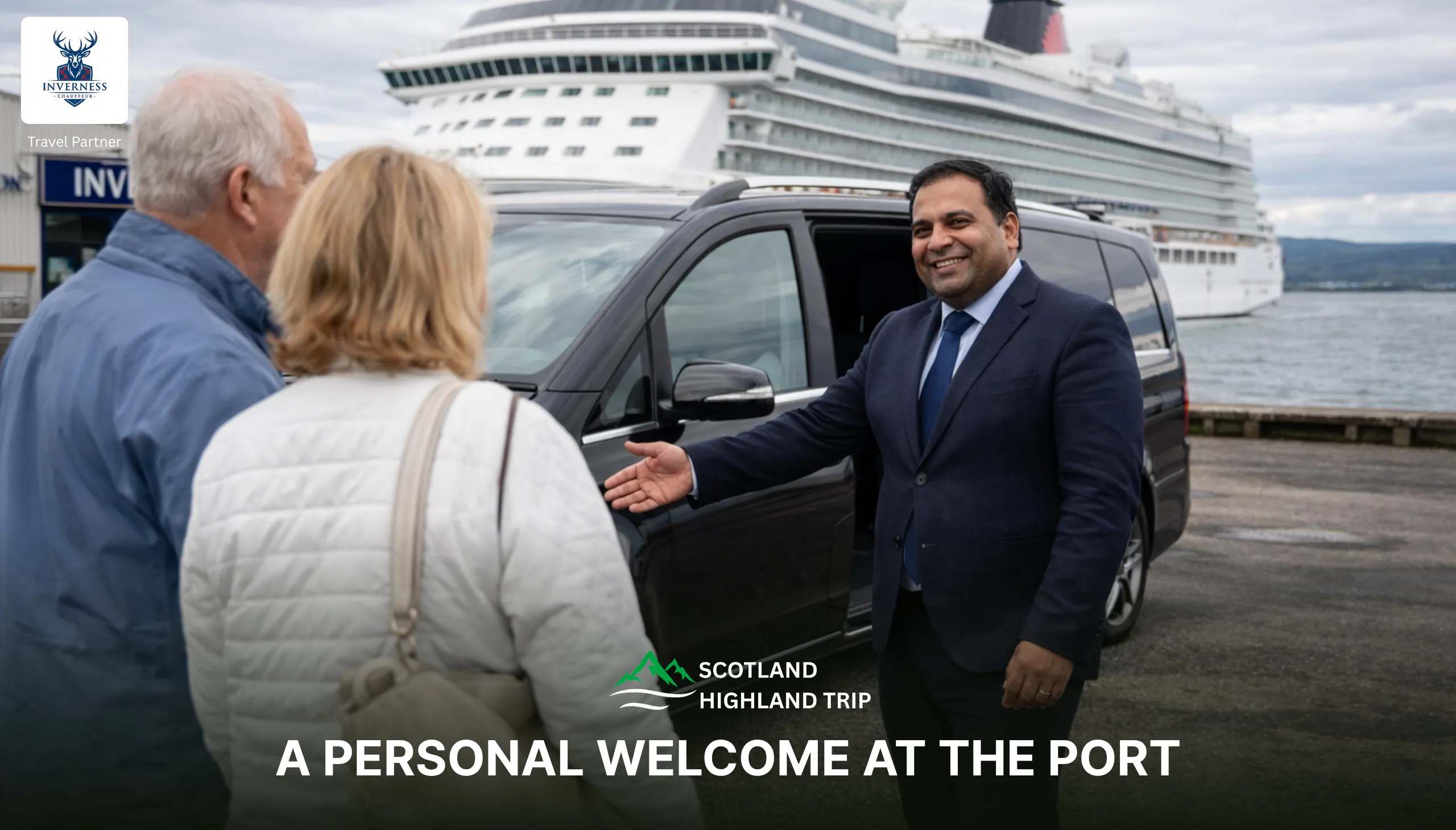 Driver-guide welcoming travellers beside a private tour vehicle at Invergordon cruise port