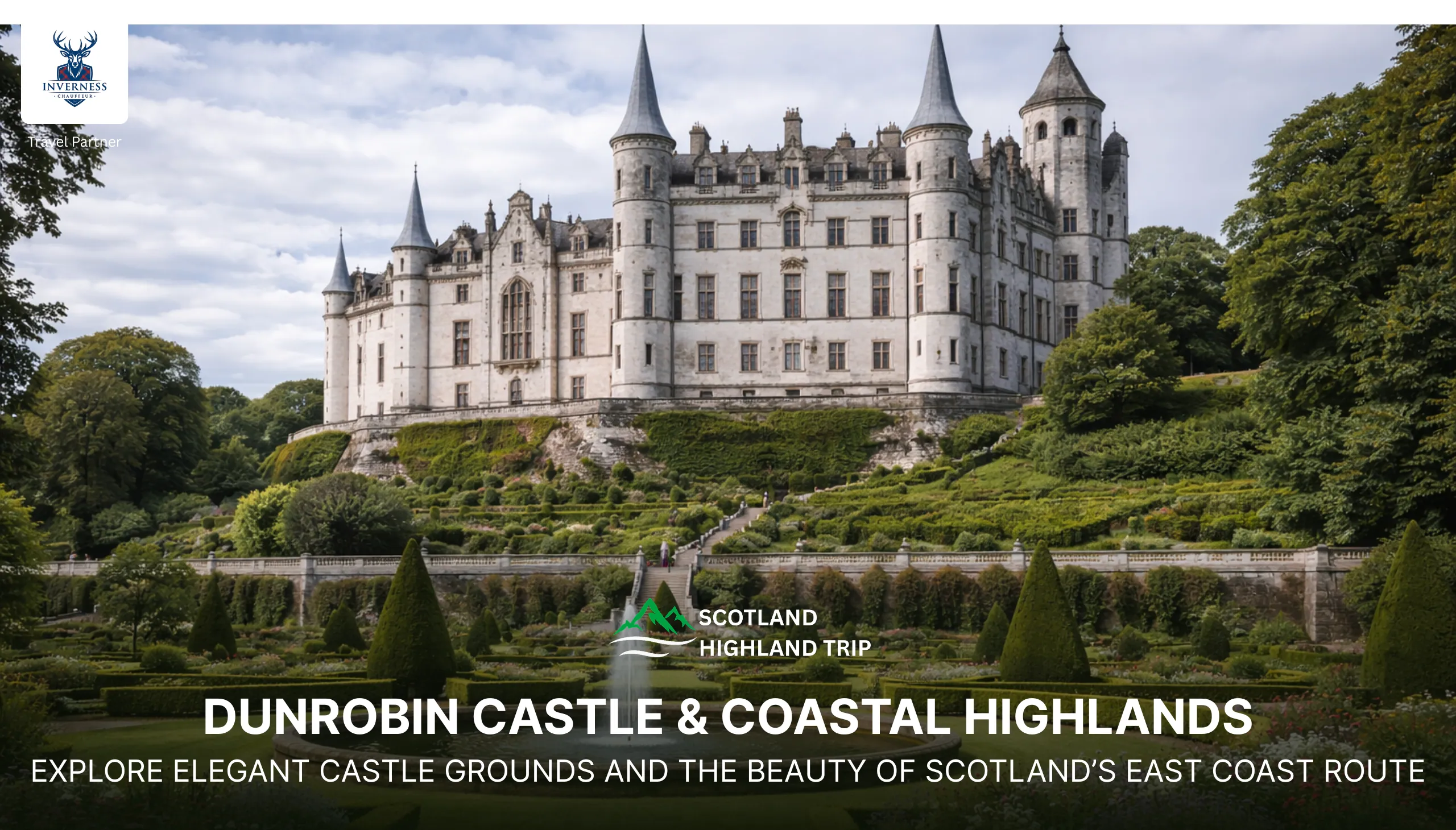 Dunrobin Castle with formal gardens and fountain on Scotland's east coast