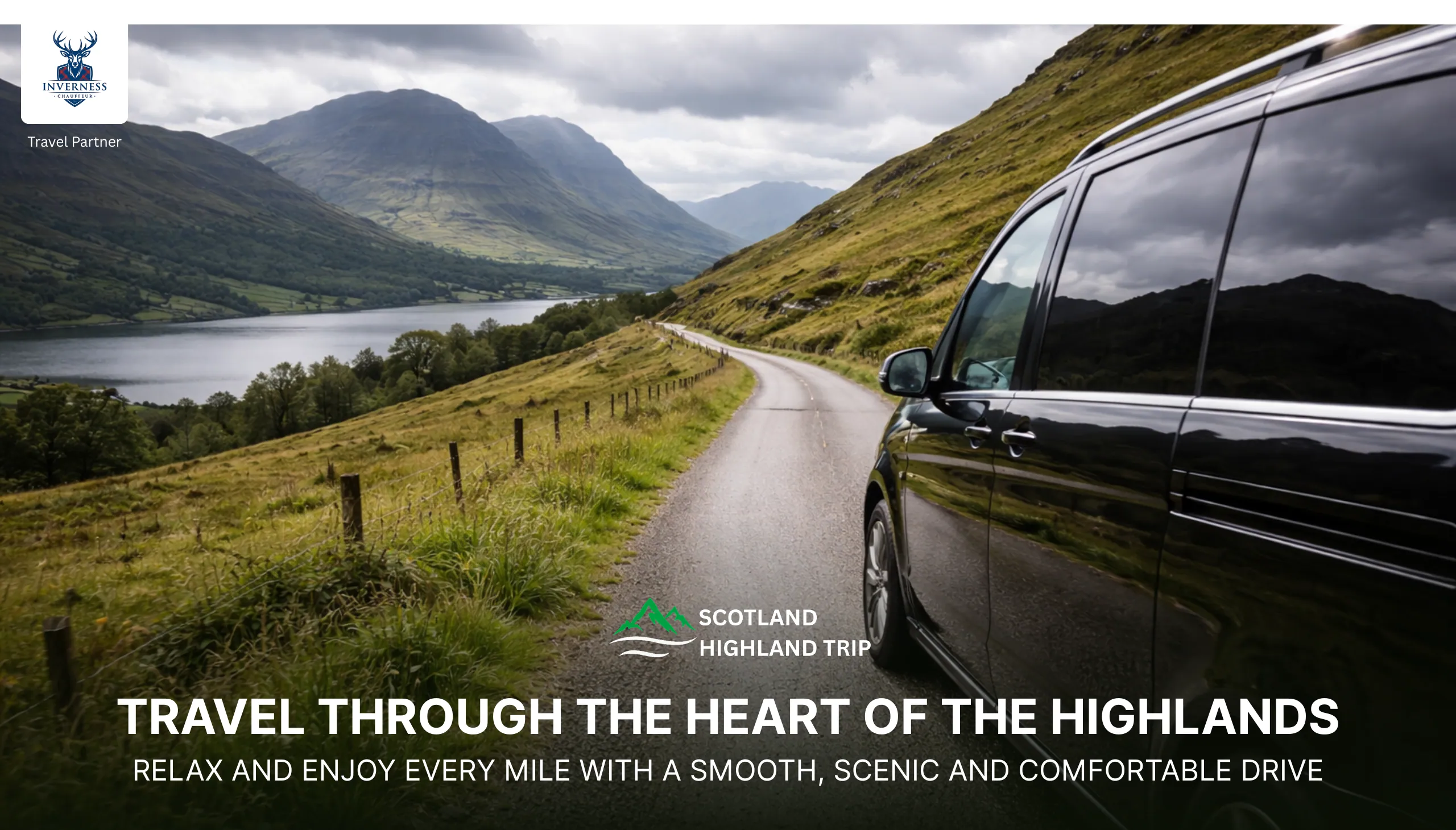Private tour vehicle driving along a scenic Highland road beside a loch