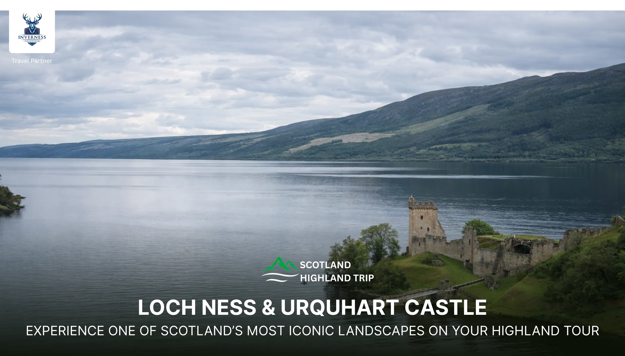 View of Loch Ness with Urquhart Castle on the shoreline under a cloudy Highland sky