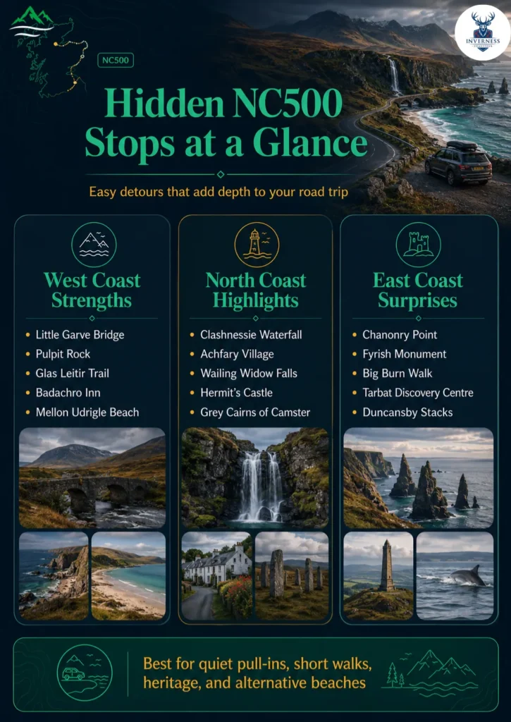 Infographic showing hidden NC500 stops by west coast, north coast and east coast, including beaches, waterfalls and heritage sites