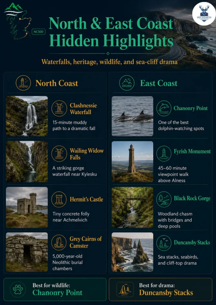 Infographic showing hidden north and east coast NC500 highlights including Wailing Widow Falls, Hermit’s Castle, Chanonry Point and Duncansby Stacks