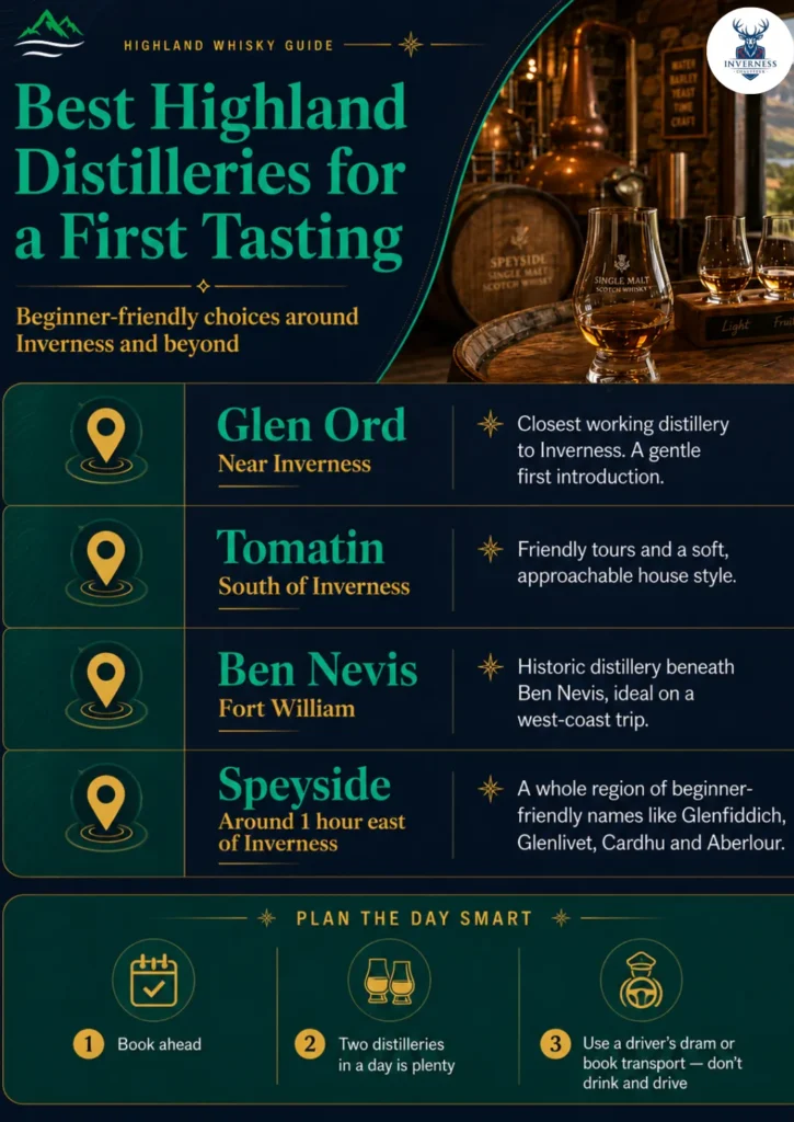 A First-Timer's Guide to Whisky Tasting in the Highlands 3 Infographic highlighting beginner-friendly Highland whisky distilleries including Glen Ord, Tomatin, Ben Nevis and Speyside