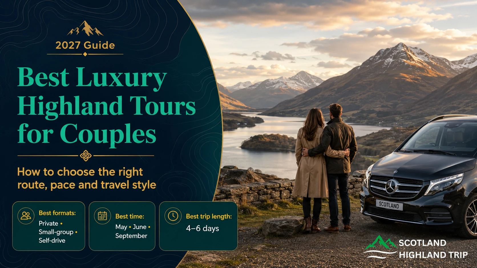 Couple admiring a Highland loch beside a private chauffeur vehicle on a luxury Highland tour for couples in 2027
