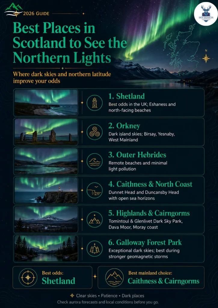Northern Lights in Scotland: When, Where & How to See Them (2026 Guide) 1 Infographic showing the best places in Scotland to see the Northern Lights, including Shetland, Orkney, Outer Hebrides, Caithness, Cairngorms and Galloway Forest Park