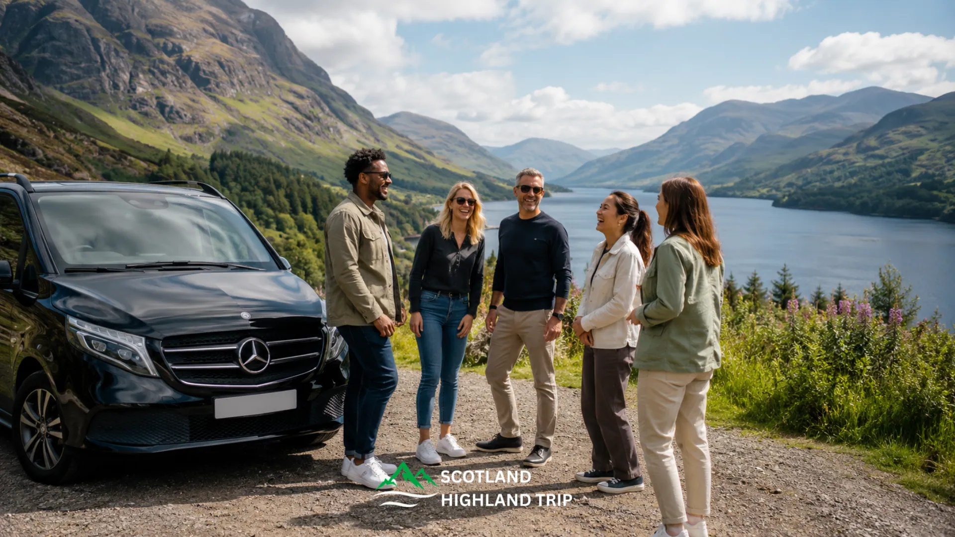 Happy group enjoying a private Scotland Highland Trip day tour from Glasgow