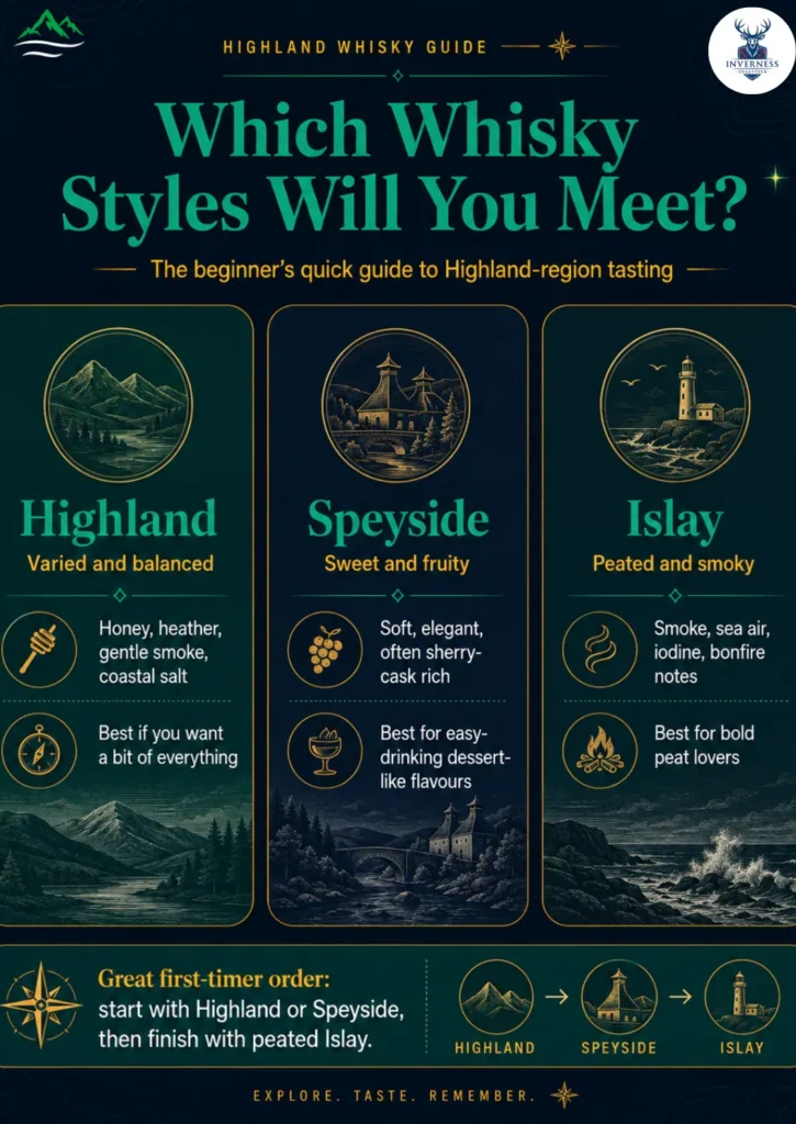 A First-Timer's Guide to Whisky Tasting in the Highlands 4 Infographic comparing Highland, Speyside and Islay whisky styles for first-time whisky tasters