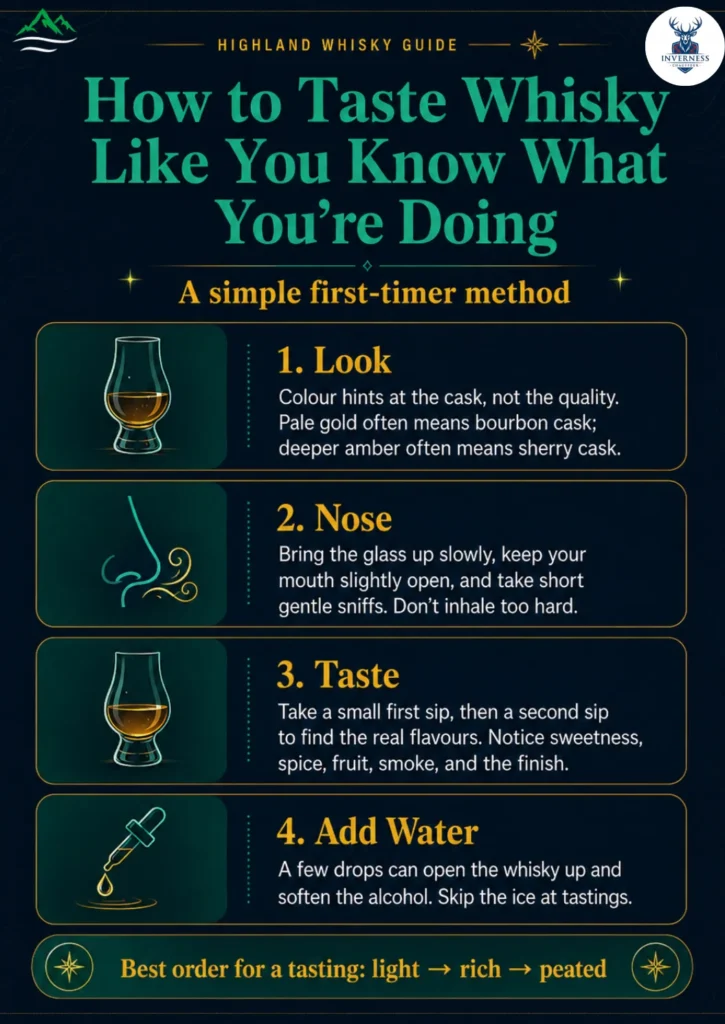 A First-Timer's Guide to Whisky Tasting in the Highlands 1 Infographic explaining how beginners can taste whisky by looking, nosing, tasting and adding water