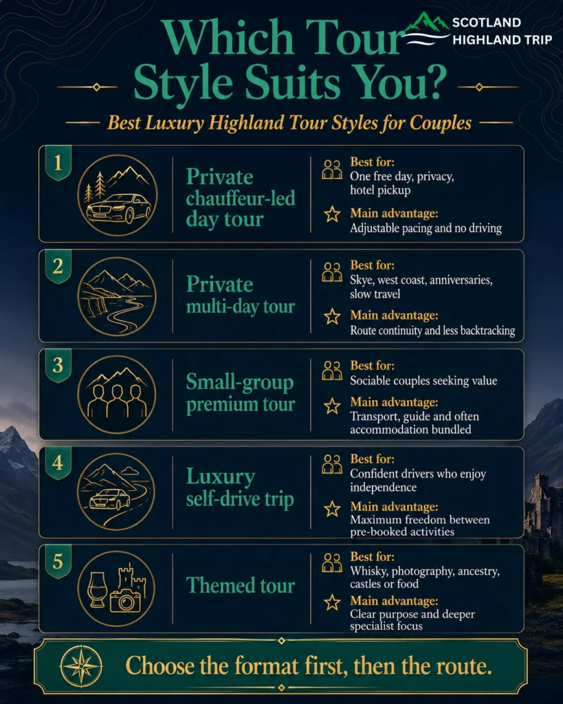 Five luxury Highland tour styles for couples: private chauffeur-led day tour, private multi-day tour, small-group tour, self-drive and themed tour