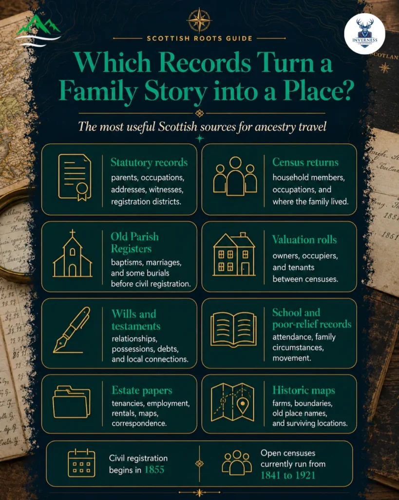 Tracing Scottish Ancestry: A Travel Guide for Diaspora Visitors 2 Infographic showing Scottish genealogy records used for ancestry travel, including statutory records, censuses, parish registers, valuation rolls and historic maps