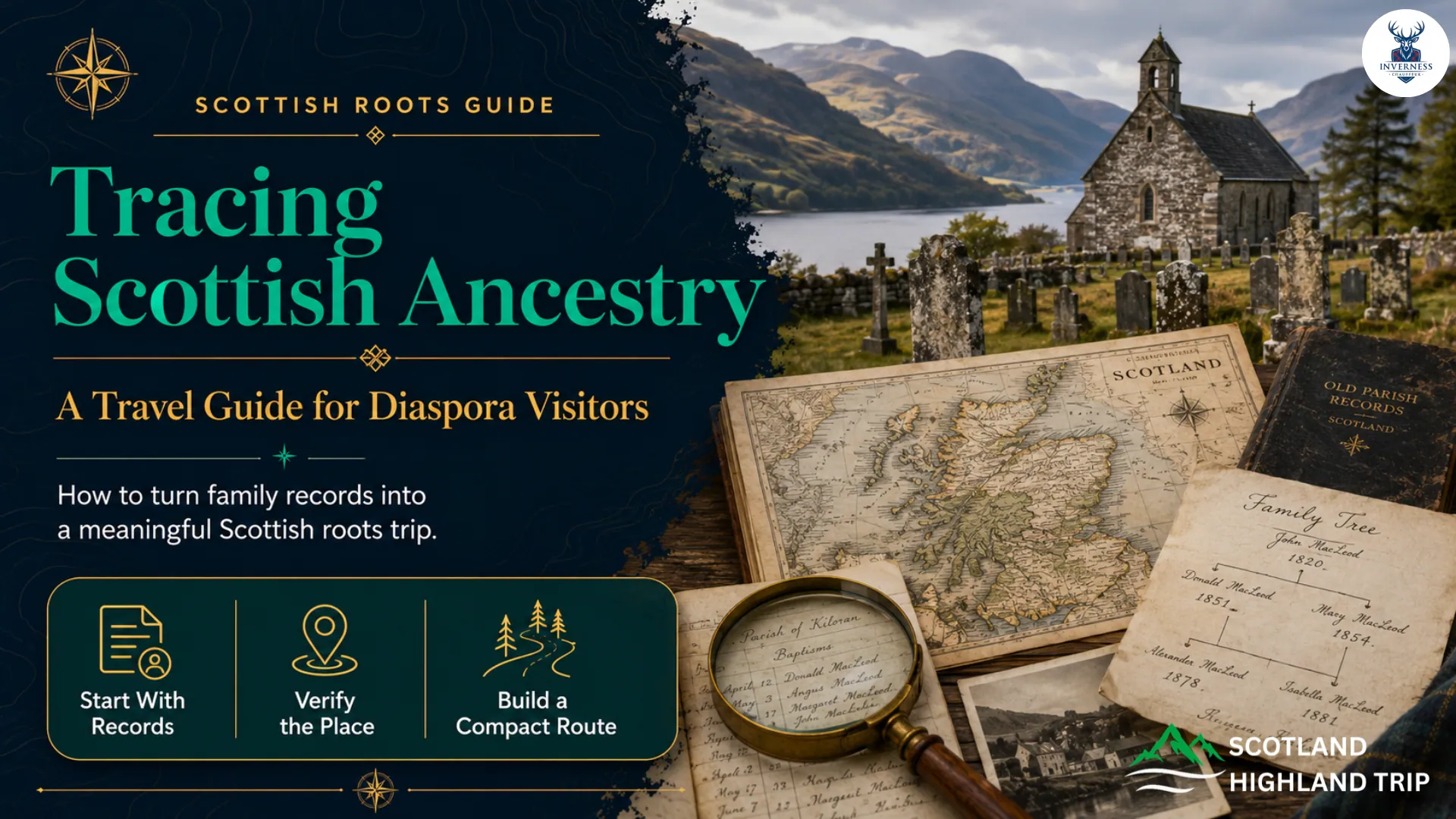 Home 89 Scottish ancestry travel guide featuring historic records, a map of Scotland, a family tree and a Highland parish church