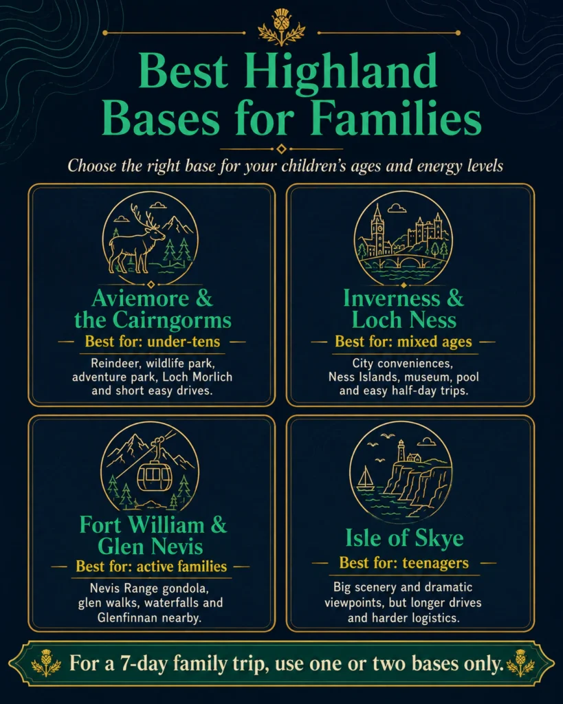 Scottish Highlands with Kids: A Family Trip Plan That Holds Up in Real Life 1 Infographic comparing Aviemore, Inverness, Fort William and the Isle of Skye as family bases in the Scottish Highlands